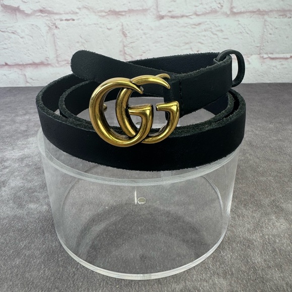 Gucci Distressed Edge Black Belt Gold Double GG Buckle 409417 85/34 - Picture 1 of 9